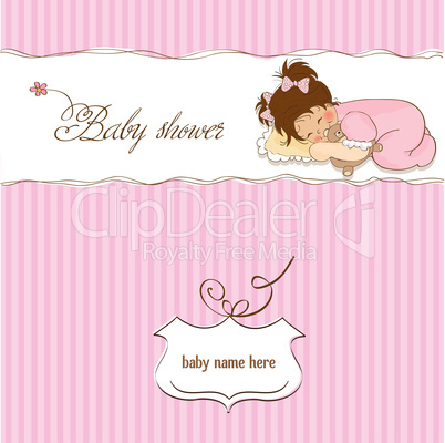 baby shower card with little baby girl play with her teddy bear