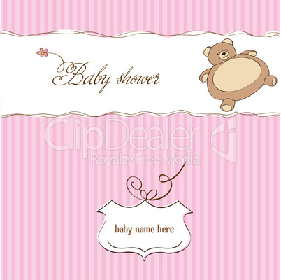 romantic baby girl announcement card with teddy bear