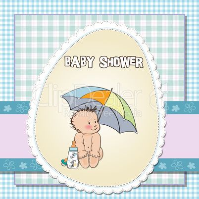 baby boy shower card with funny baby under his umbrella