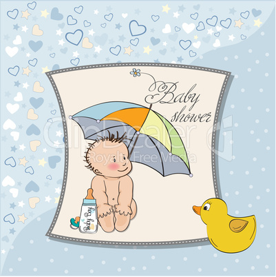 baby boy shower card with funny baby under his umbrella