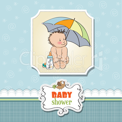 baby boy shower card with funny baby under his umbrella