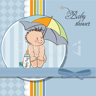 baby boy shower card with funny baby under his umbrella