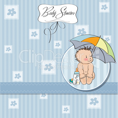 baby boy shower card with funny baby under his umbrella