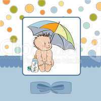 baby boy shower card with funny baby under his umbrella