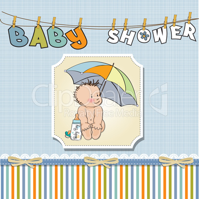 baby boy shower card with funny baby under his umbrella