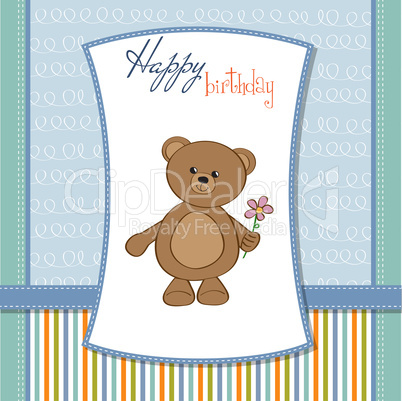 happy birthday card with teddy bear and flower