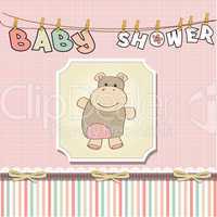 childish baby girl announcement card with hippo toy