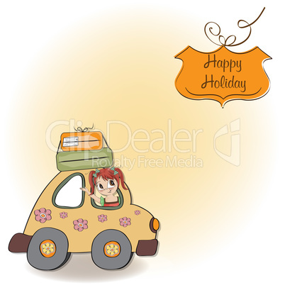 happy woman going on holiday by car