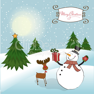 Christmas greeting card with snowman