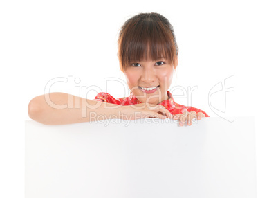 Chinese Asian woman and blank card