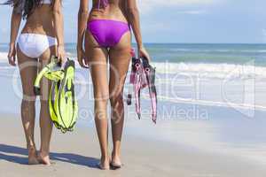 Rear View Beautiful Bikini Women At Beach
