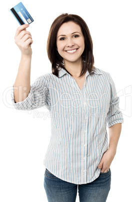 Woman showing her cash card