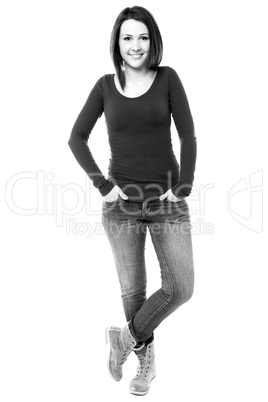 Woman in trendy wear. Black and white image.