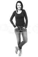 Woman in trendy wear. Black and white image.