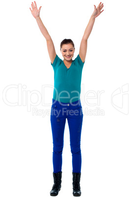 Jubilant young woman in trendy attire