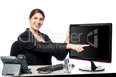 Lady pointing something on computer screen