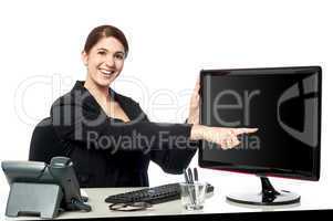 Lady pointing something on computer screen