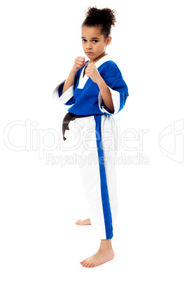 Serious karate girl with her fist in foreground