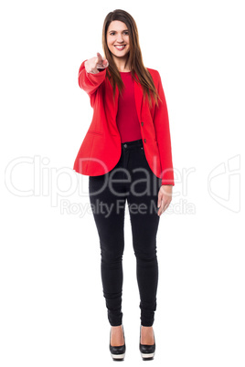 Confident corporate woman pointing you out