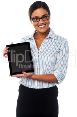 Sales representative displaying tablet pc for sale