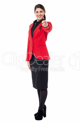 Elegant presentable businesswoman pointing