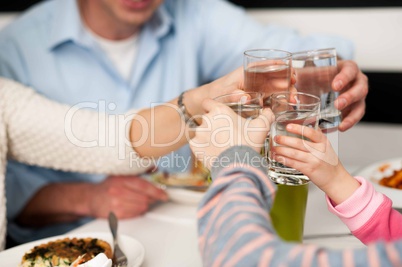 Family toasting water glasses in celebration