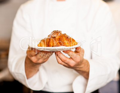 Chef holding fresh and tasty roll croissants