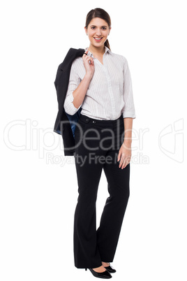 Corporate lady with blazer slung over her shoulder