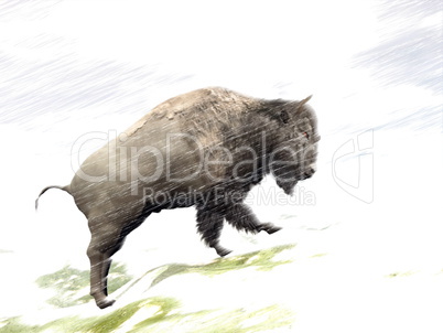 Bison in winter storm - 3D render