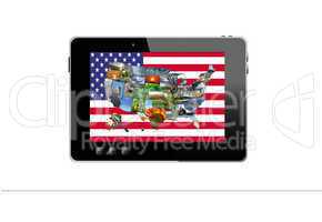 illustration of black tablet and colorful map of usa