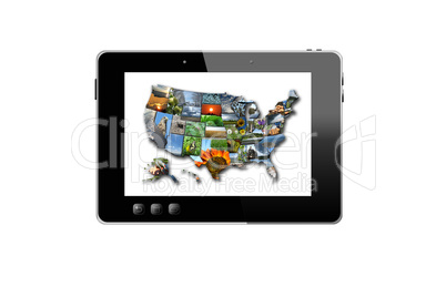 illustration of black tablet and colorful map of usa