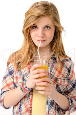 Pretty girl drinking juice with straw