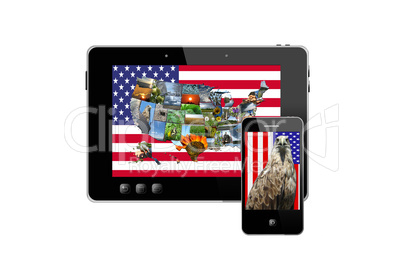 tablet and modern mobile phone with symbols of usa