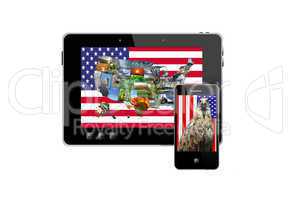 tablet and modern mobile phone with symbols of usa