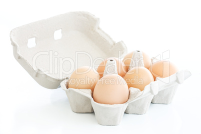 Six eggs on a carton box over white
