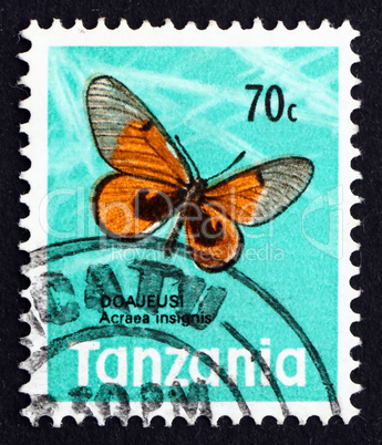 postage stamp tanzania 1973 black-blotched acraea, butterfly