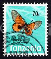 postage stamp tanzania 1973 black-blotched acraea, butterfly