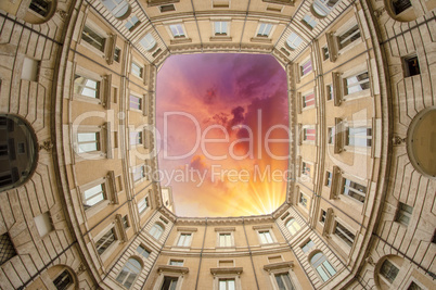 Rome. Beautiful classic building, upward view with colourful sky