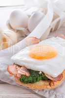 bread au gratin with fried egg and spinach