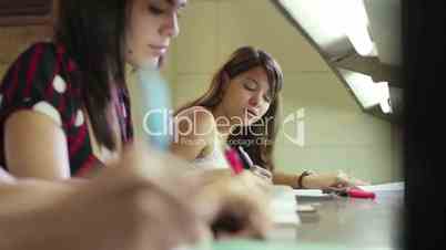Students doing homework and preparing exam in college, young women