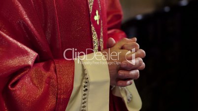 Portrait of happy catholic priest smiling on altar in church