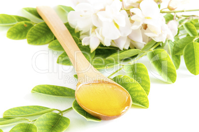 Honey in spoon with acacia flower and leaves
