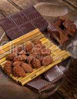 Cocoa beans, dark chocolate and chocolate truffles