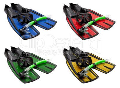 Set of multicolored mask, snorkel and flippers