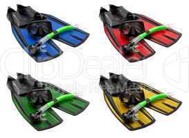 Set of multicolored mask, snorkel and flippers