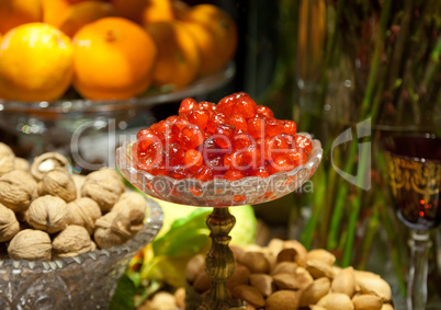 Candied cherries in glass bowl