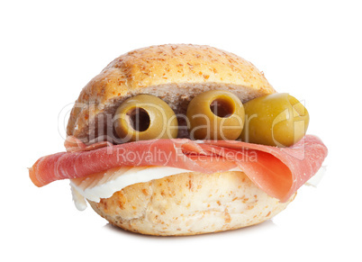 Sandwich with ham and olives with mozzarella