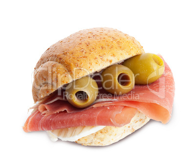 Sandwich with ham and olives with mozzarella