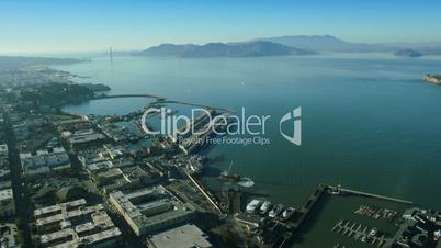 Aerial view over Fishermans Wharf and the Golden Gate bridge, USA