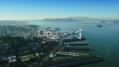 Aerial view over Fishermans Wharf and Alcatraz, USA
